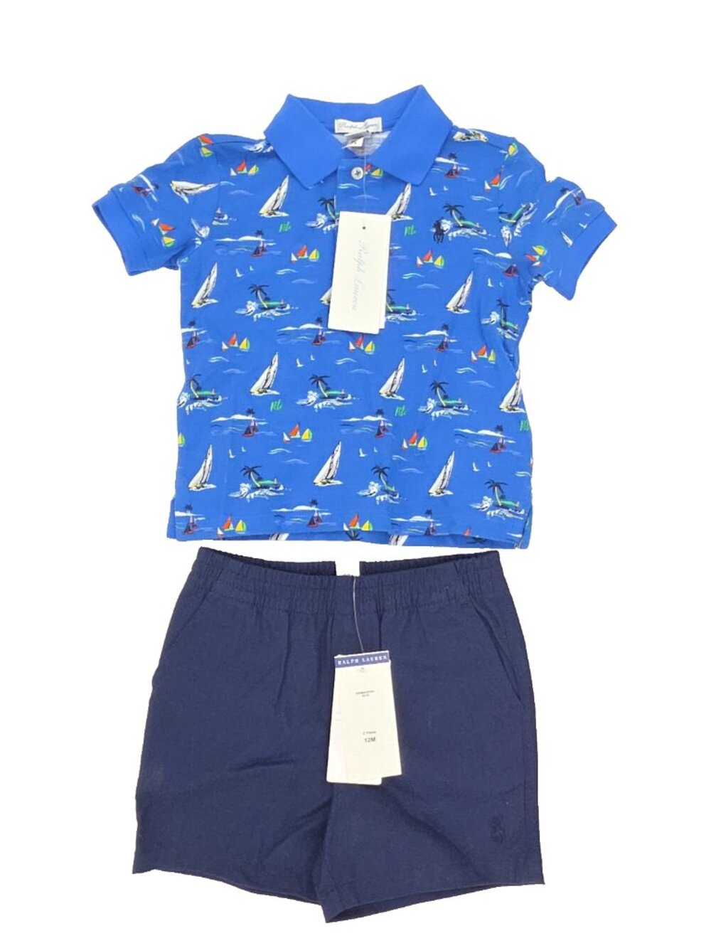 Ralph Lauren 2 Piece Set Polo Shirt Shorts Boys 12M Months Blue Sail Boat Print